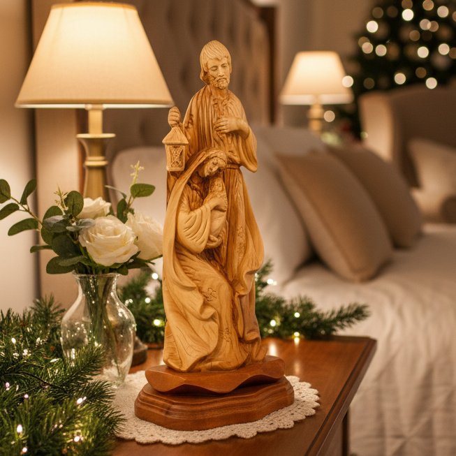 Holy Family olive wood statue hand carved in Bethlehem, 13 inch front view of the olive wood masterpiece