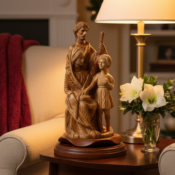 Olive wood nativity scene hand carved in Bethlehem, 11.8 inch front view of the olive wood masterpiece