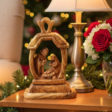 Nativity Scene with The Holy Family, 9.4" Olive Wood Carving from Holy Land, Abstract Christmas Standing Ornament