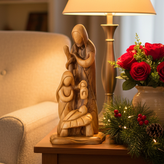 Holy Family Nativity, 11.6" Abstract Hand Carved Olive Wood
