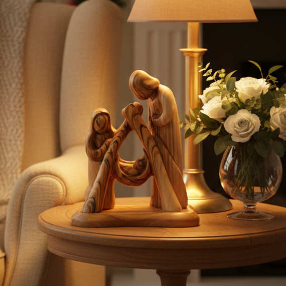 Holy Family, Olive Wood Carving, 6.7" Statue from Bethlehem