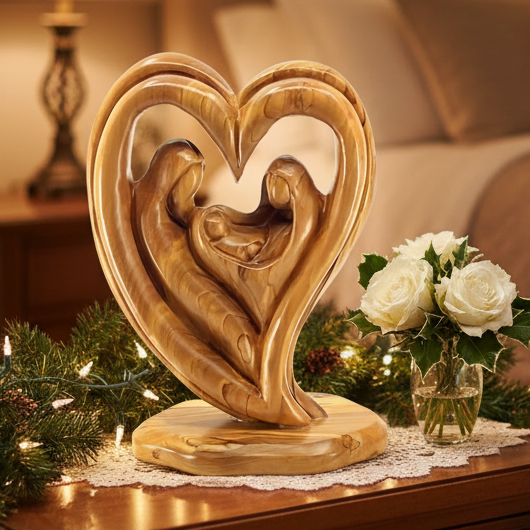Holy Family olive wood statue hand carved in Bethlehem, 8.7 inch front view of the olive wood masterpiece