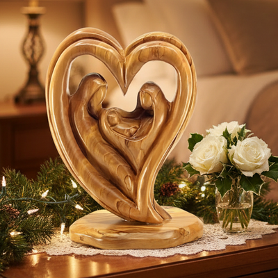 Holy Family "Heart Shaped" Wooden Carving, 8.7" (Abstract)