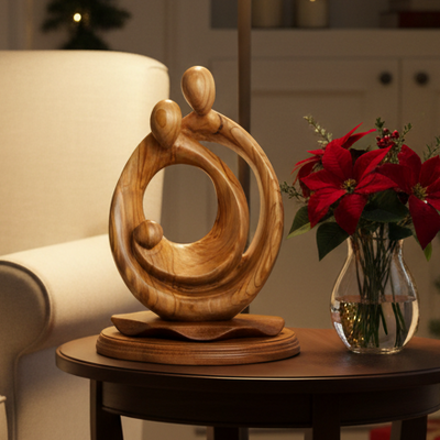 Holy Family Carving from Olive Wood, 11.8"