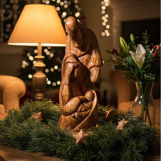 Holy Family Sculpture Carving, 9.8" Abstract Hand Carved Olive Wood