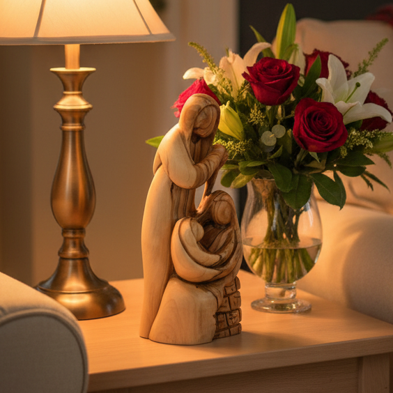 Holy Family olive wood statue hand carved in Bethlehem, 9.6 inch front view of the olive wood masterpiece