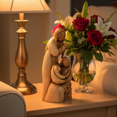 Holy Family Sculpture,  9.6" Abstract Hand Carved Olive Wood