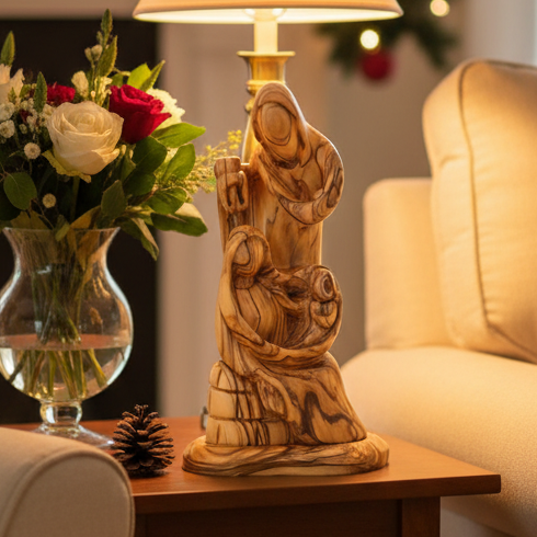 Jesus, Mary and Joseph Sculpture with a Lantern, 9.3" Abstract Hand Carved Olive Wood