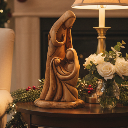 Olive wood nativity scene hand carved in Bethlehem, 10 inch front view of the olive wood masterpiece