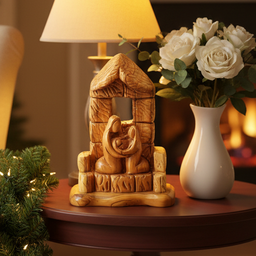 Olive wood nativity scene hand carved in Bethlehem, 8.5 inch front view of the olive wood masterpiece