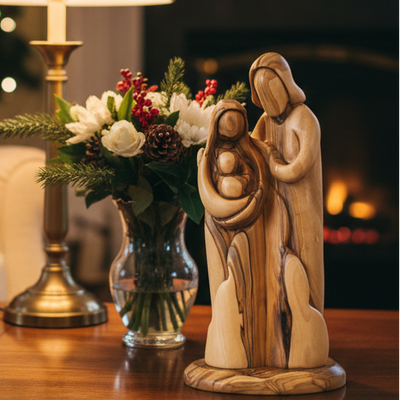 Adoring Holy Family Statue (Abstract), 11" Carved Olive Wood