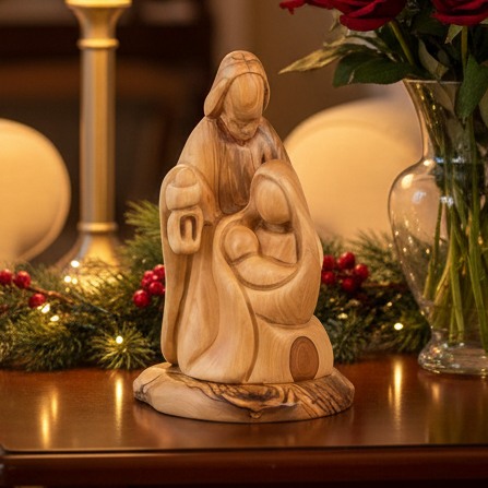 Holy Family Sculpture with a Lantern, 7.5" Abstract Hand Carved Olive Wood