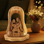 Olive wood nativity scene hand carved in Bethlehem, 7.3 inch front view of the olive wood masterpiece
