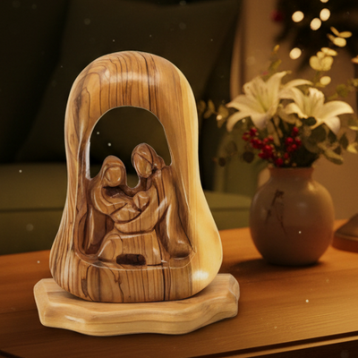 Holy Family Nativity Scene, 7.3" Wooden Manager Carved Ornament, Christmas Decor