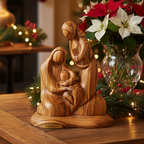 Holy Family olive wood statue hand carved in Bethlehem, 6.7 inch front view of the olive wood masterpiece