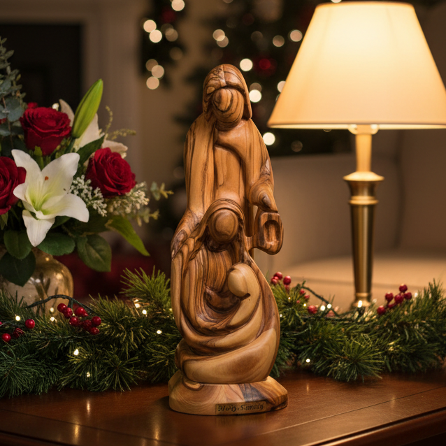 Holy Family Abstract Olive Wood Sculpture 8.3" Tall