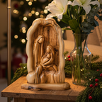 Olive wood nativity scene hand carved in Bethlehem, 7.5 inch front view of the olive wood masterpiece