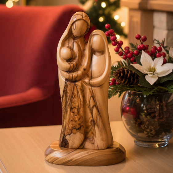 Holy Family olive wood statue hand carved in Bethlehem, 7.2 inch side angle of the olive wood sculpture