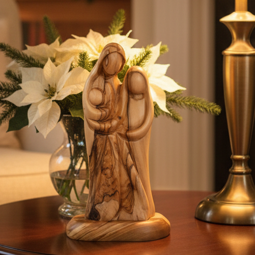 Holy Family olive wood statue hand carved in Bethlehem, 7.2 inch front view of the olive wood masterpiece