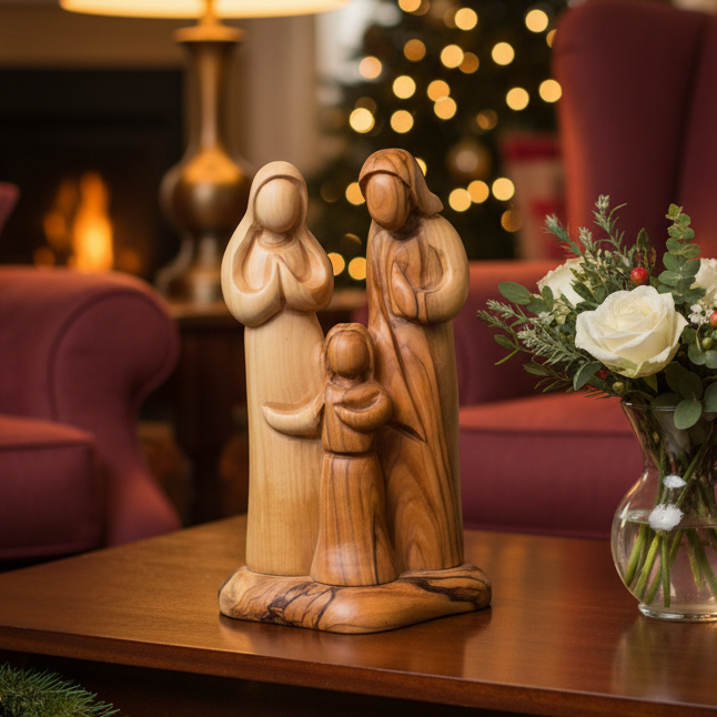 Jesus, Mary and Joseph Olive Wood Sculpture, 12.6" Abstract Hand Carved