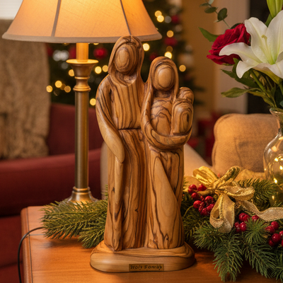 Holy Family Figurine on Wooden Base, 7.7" Abstract Hand Carved Olive Wood