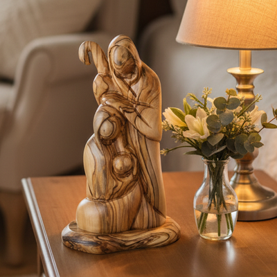 Holy Family, Abstract Hand Carving in Olive Wood, 8.1"
