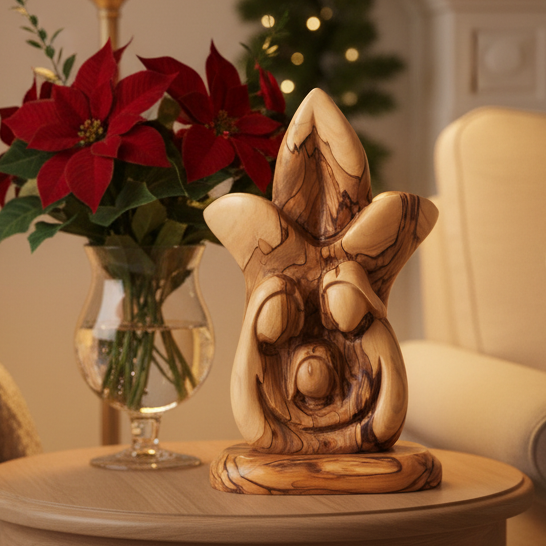 Fleur-de-lis Shaped Olive Wood Holy Family Figurine, 7.3" (Abstract)