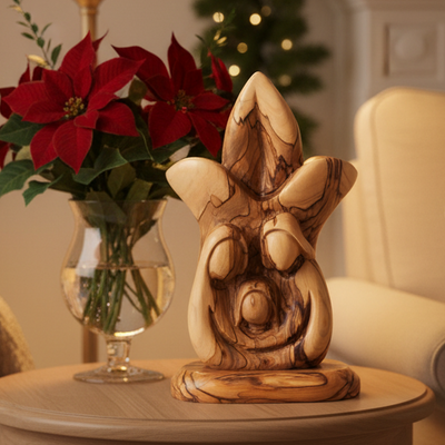 Fleur-de-lis Shaped Olive Wood Holy Family Figurine, 7.3" (Abstract)