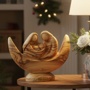 Holy Family olive wood statue hand carved in Bethlehem, 4.5 inch front view of the olive wood masterpiece