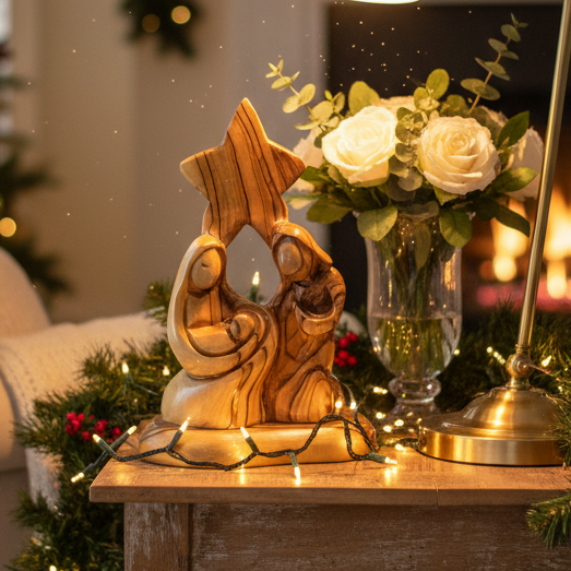 Holy Family "Nativity Star" Wooden Carving, 7.1" Abstract