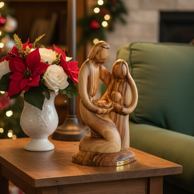 Jesus, Mary and Joseph Olive Wood 6.7" Carving (Abstract)