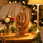 Holy Family olive wood statue hand carved in Bethlehem, 7.9 inch front view of the olive wood masterpiece