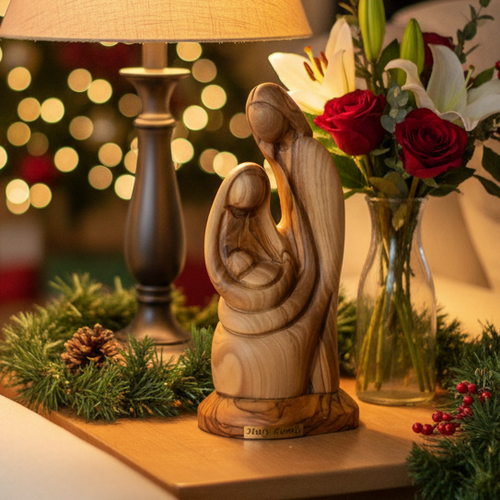 Holy Family olive wood statue hand carved in Bethlehem, 6.7 inch front view of the olive wood masterpiece