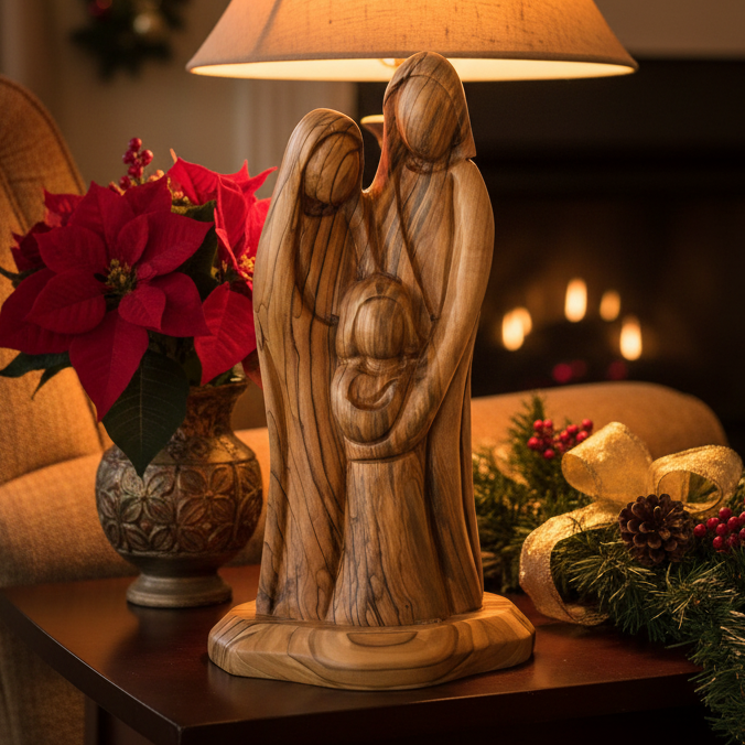 Holy Family olive wood statue hand carved in Bethlehem, 7.4 inch front view of the olive wood masterpiece