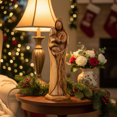 Virgin Mary with Holy Child (Abstract), 12.8" Olive Wood Carving Statue from Bethlehem