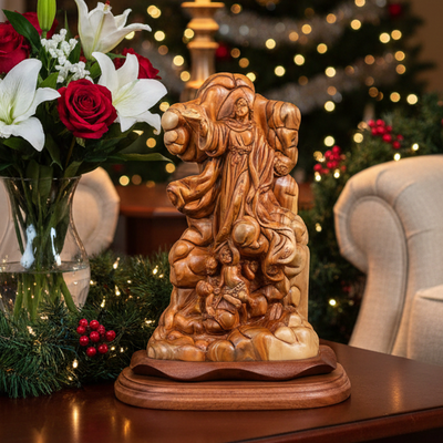 Assumption of Mary, 10.4" Carving from Holy Land Olive Wood