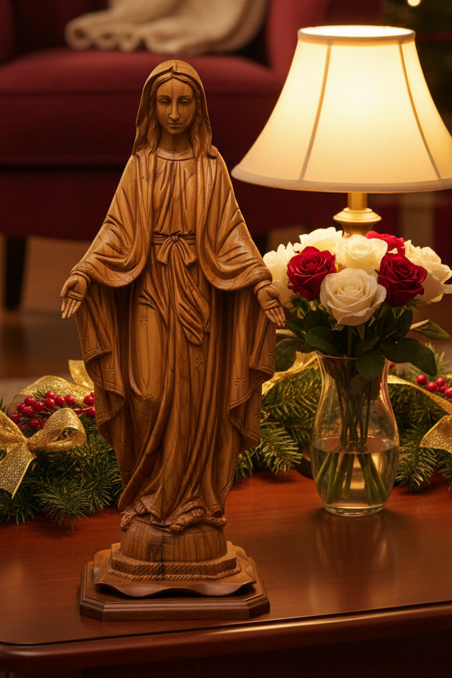 Virgin Mary "Our Lady of Grace" Statute, 22.8" Carved from the Holy Land Olive Wood