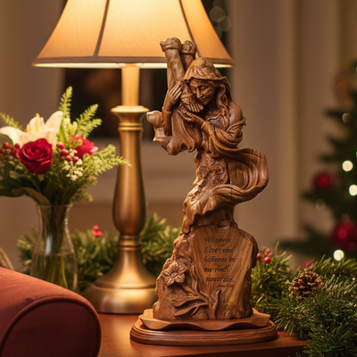 Virgin Mary Kneeling by the Cross, 21" Olive Wood Statue, "Scripture of John 11:26"