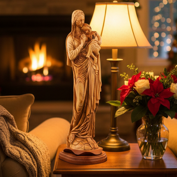 Virgin Mary with Divine Infant, 18.5" Carved from the Holy Land Olive Wood