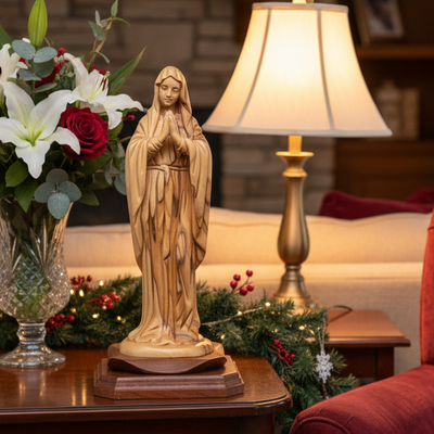 Praying Virgin Mary, 9.1" Olive Wood Carving Statue from Bethlehem
