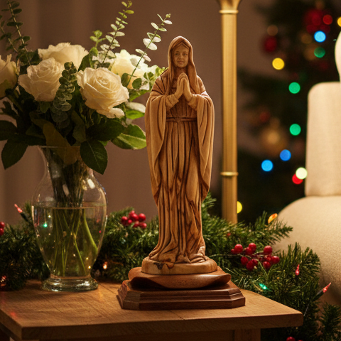 Praying Virgin Mary Carving, 9.1" Olive Wood Carving Statue from Bethlehem