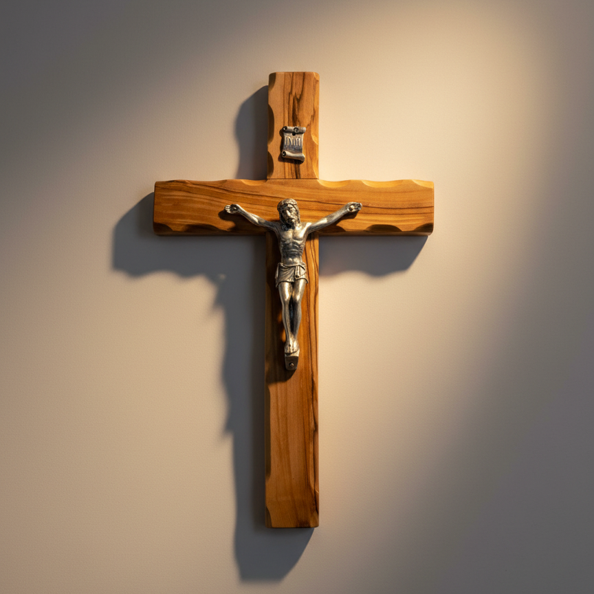 9.8" Crucifix, Wooden Cross with Silver Plated Corpus