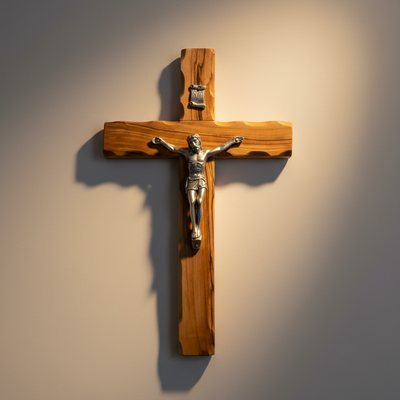 9.8" Crucifix, Wooden Cross with Silver Plated Corpus