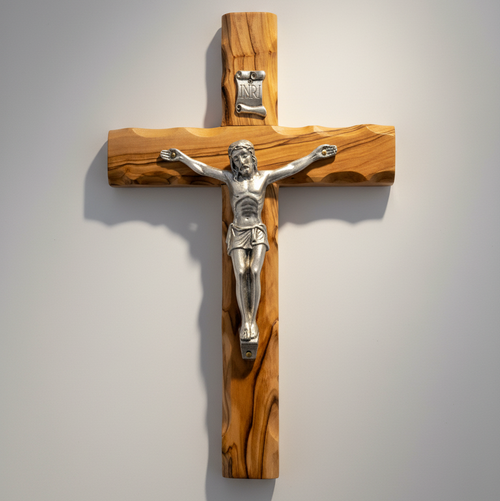 Olive wood crucifix hand carved in Bethlehem, 7.9 inch front view of the olive wood masterpiece