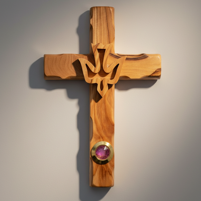 Cross with Holy Spirit Dove, 6" Holy Land Olive Wood