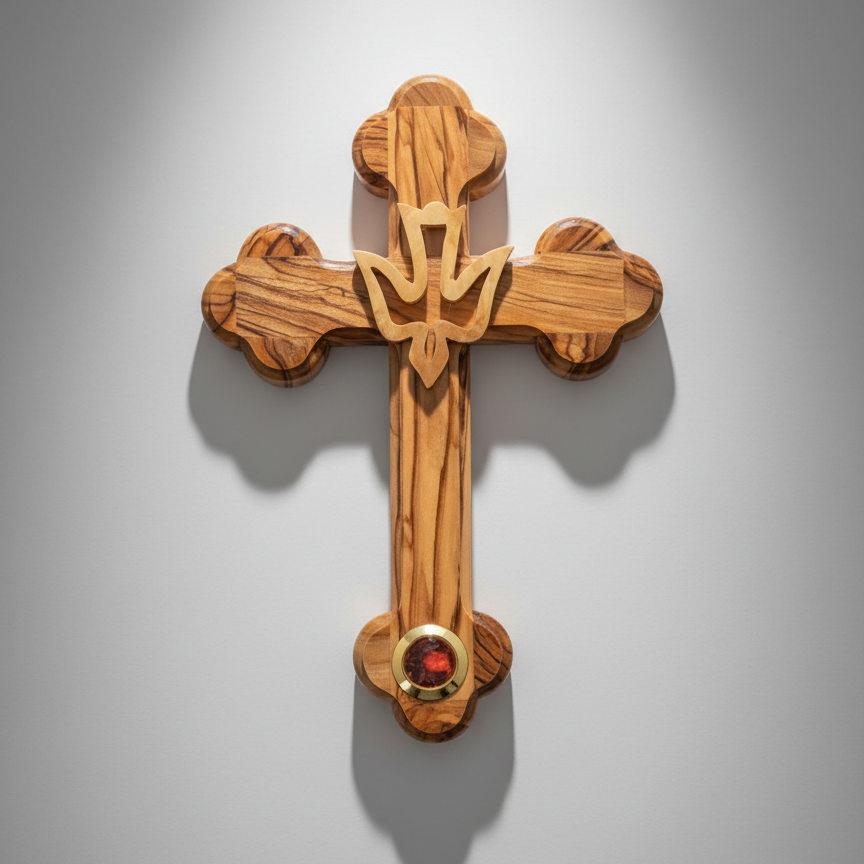 Cross with Holy Spirit Dove, 7.3" Holy Land Olive Wood