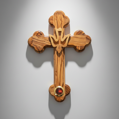 Cross with Holy Spirit Dove, 7.3" Holy Land Olive Wood