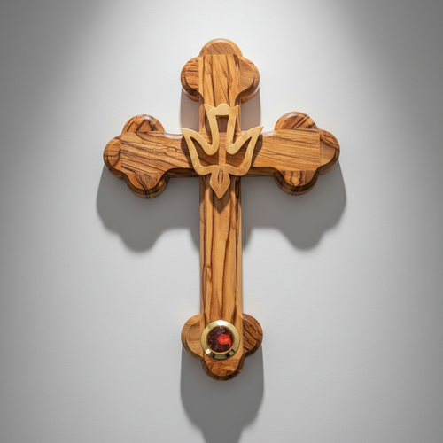 Holy Spirit olive wood wall cross from Bethlehem, 7.3 inch front view of the olive wood masterpiece