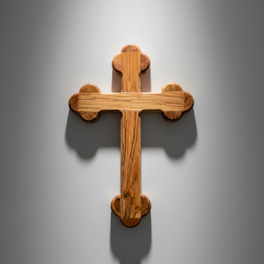 Wall Cross, 10.8" Budded, 14 Stations of Cross Engraved, Holy Land Olive Wood