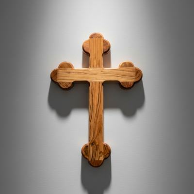 Wall Cross, 10.8" Budded, 14 Stations of Cross Engraved, Holy Land Olive Wood